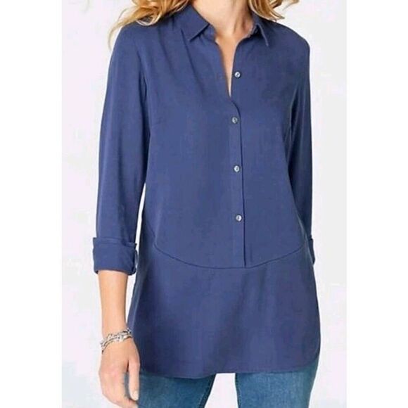 J.Jill Blue Tencel Blend Button Tunic Top Blouse  Sz  Large NWT - Picture 1 of 6